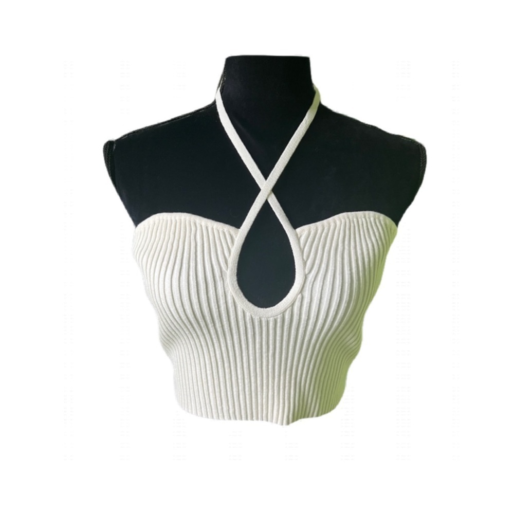 Victoria + Sophia Womens White Knit Ribbed Cross front Halter Crop Top Medium